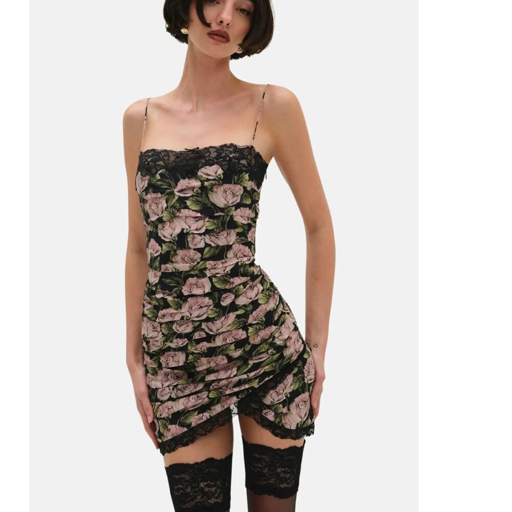 For Love & Lemons Black Floral Lace Mini Dress - Pink Roses